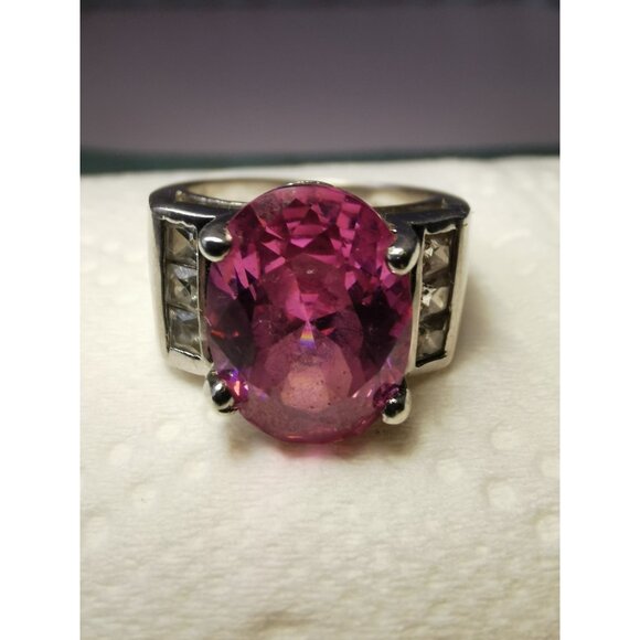 Oval Pink Gemstone Ring Sterling Silver 925 | Size 5.5 | Elegant Retro Cocktail - Picture 7 of 8